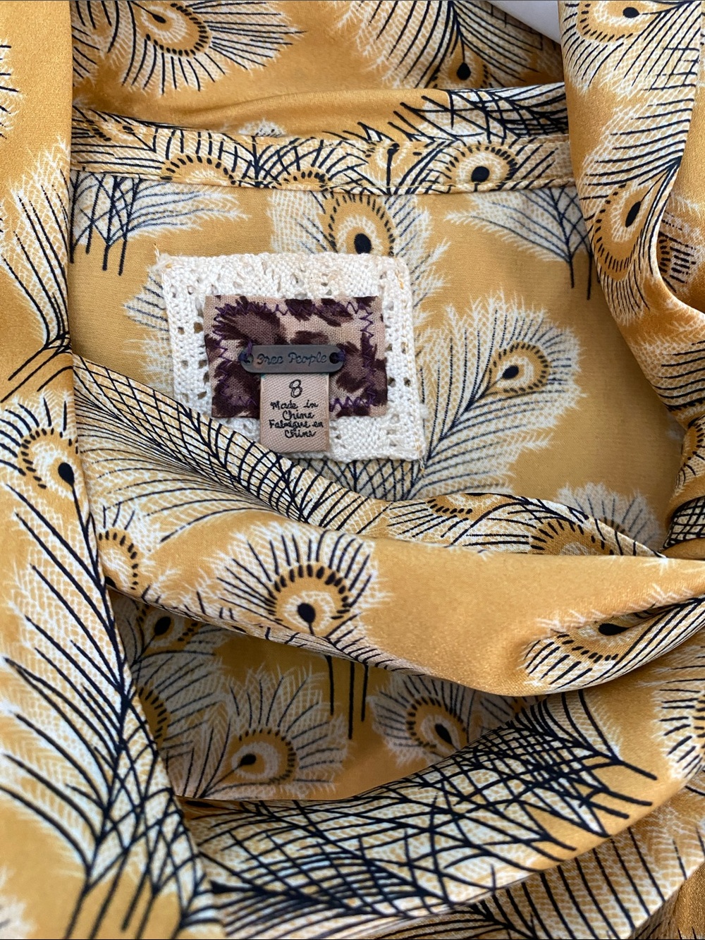 Free People Mustard Yellow Peacock-Print Tie-Neck Silk Blouse - Picture 9 of 13